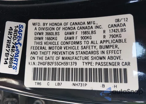 2012 Honda Civic Lx z USA, uszkodzony, nr VIN 2HGFB2F55CH591379